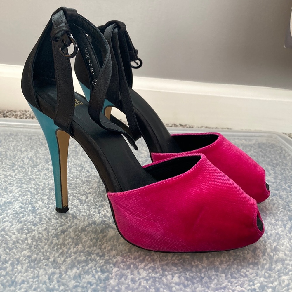 ASOS velvet platform heels with straps, open-toe, size 5